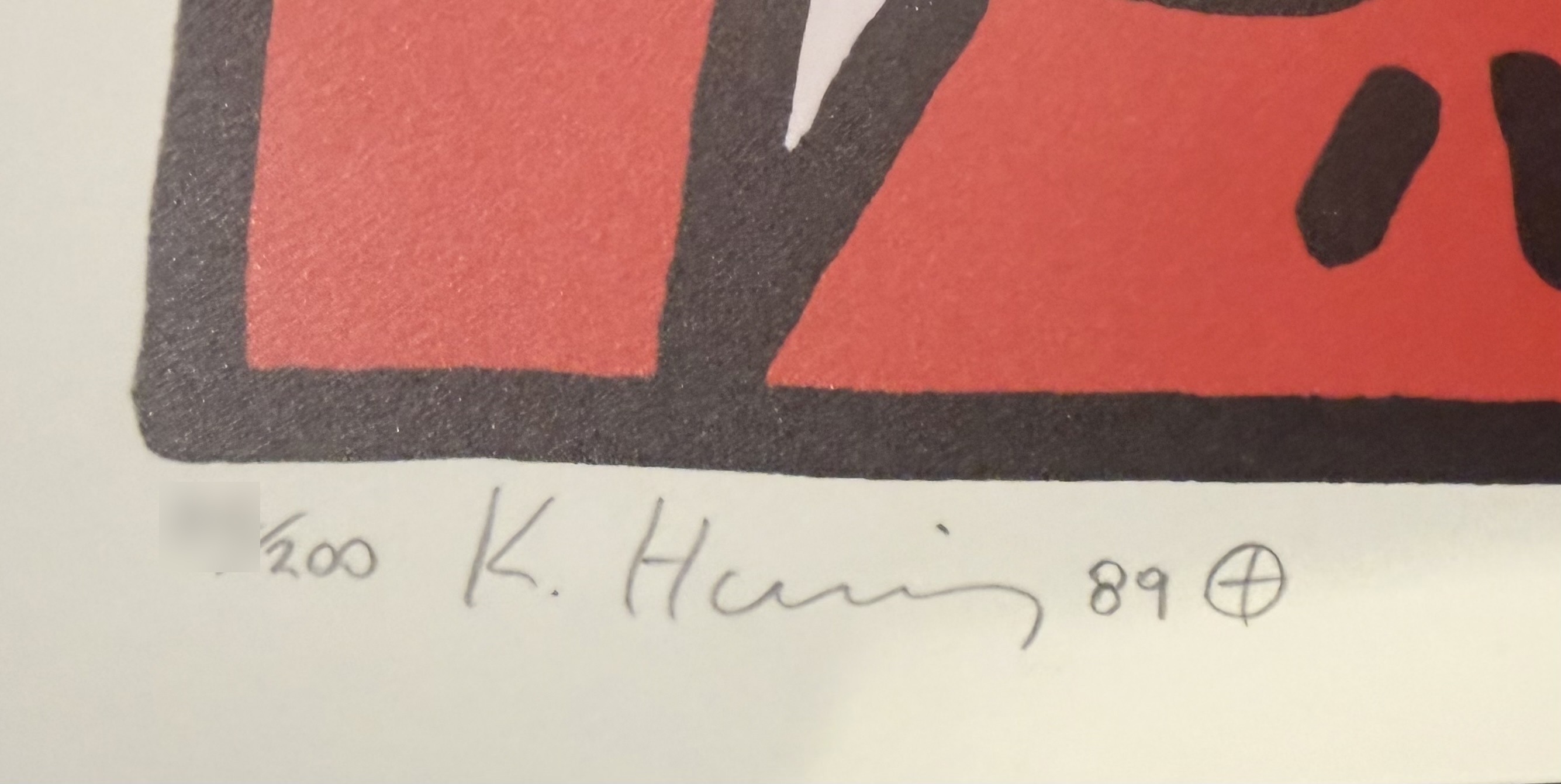 Keith Haring, Pop Shop III (D - Scissors), detail of the pencil signature K. Haring 89 with the circle-cross mark