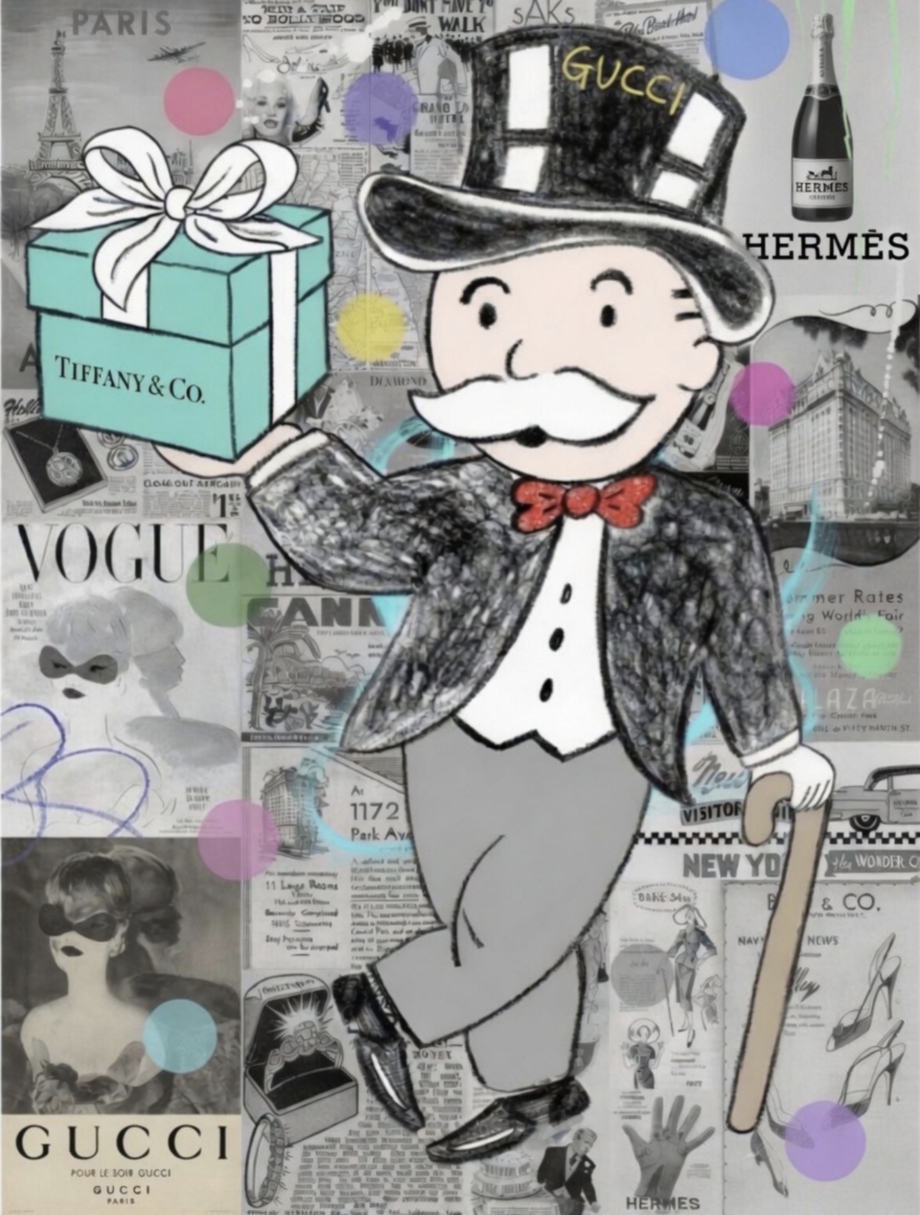 Robin Dehood, Monopoly Gift, 2016, Original mixed media on canvas